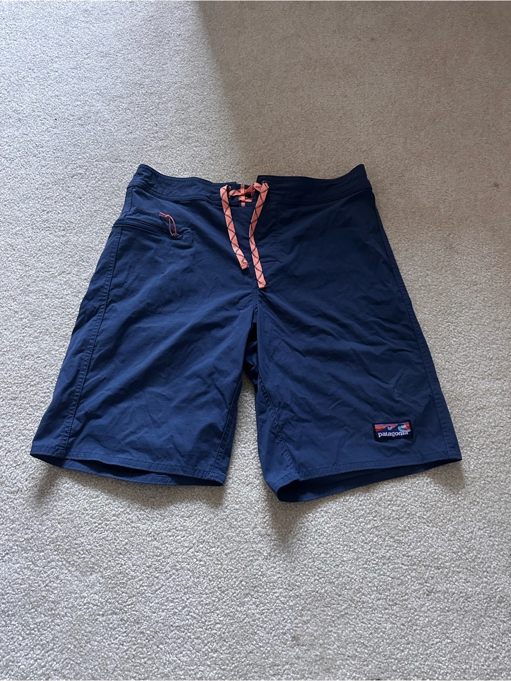 Patagonia Men’s Navy Board Shorts with Coral Drawcords